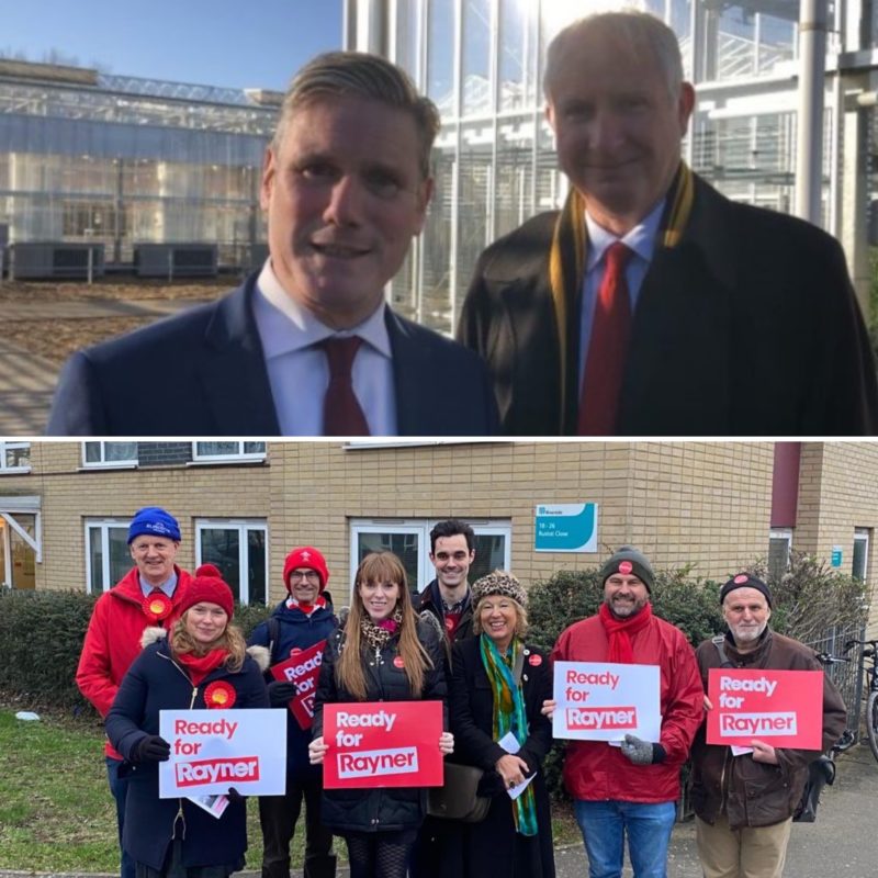 Keir Starmer with Daniel Zeichner; Angela Rayner with local campaigners