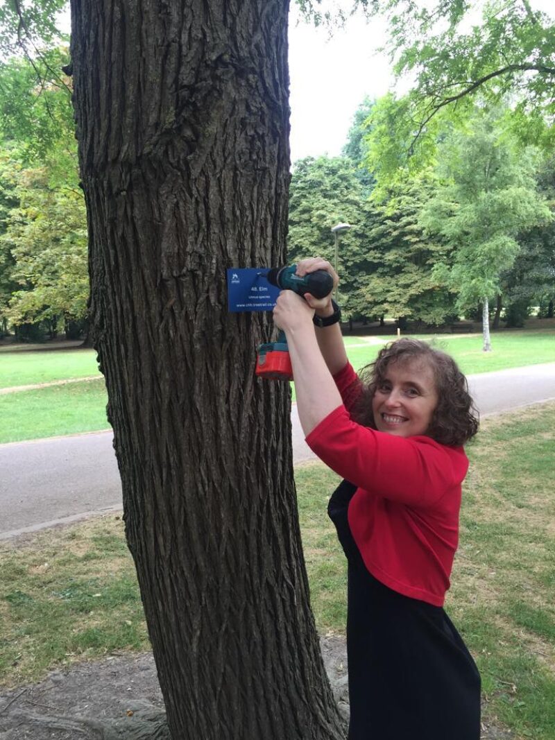 Councillor Anna Smith (Coleridge), Leader of the City Council, helping out with the launch of the tree trail in Cherry Hinton Hall Park